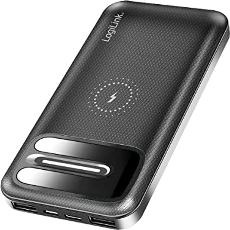 Induktions-Powerbank mit 8000 mAh, kabelloses Laden für QI-fähige Geräte, zusätzliches Aufladen per USB (1x Typ-C, 1x Micro-USB)