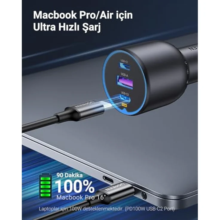 Ugreen EC705 Autoladegerät 130W, 2x USB-C und 1x USB-A, Grau – Bild 11