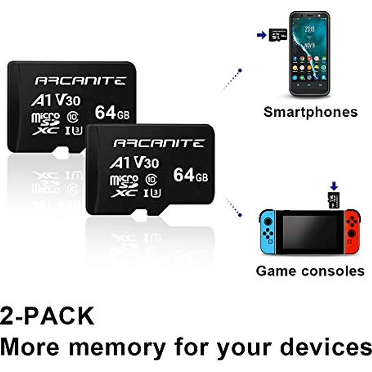 ARCANITE 2 Stücke 64 GB microSDXC Speicherkarte - UHS-I U3, A1, V30, 4K, C10, microSD, Lesegeschwindigkeiten von bis zu 90 MB-s. – Bild 4