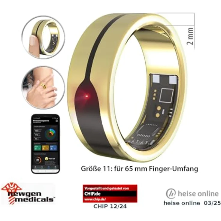 Newgen Medicals Ring Schlaftracker, Fitnesstracker-Ring mit Herzfrequenz- & SpO2-Anzeige, 2 mm, gold, Gr. 65, wasserdicht bis 5 ATM, SOS-Funktion, Bluetooth 5 – Bild 3