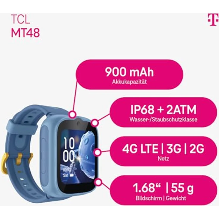 TCL MT48X 4G Kinder-Smartwatch, Galactic Blue, GPS-Tracking, LTE-Anrufe, Notfall-Knopf, wasserdicht 5ATM, inklusive Telekom SIM-Karte & 30€ Amazon-Gutschein – Bild 2