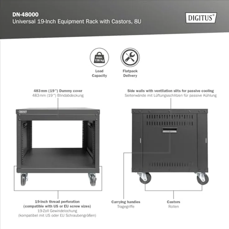 DIGITUS Universal 19-Zoll Equipment Rack - 8HE - unmontiert - Audio-Video-Zubehör - Audio-Rack - Traglast 136 kg - mit Rollen - schwarz – Bild 2