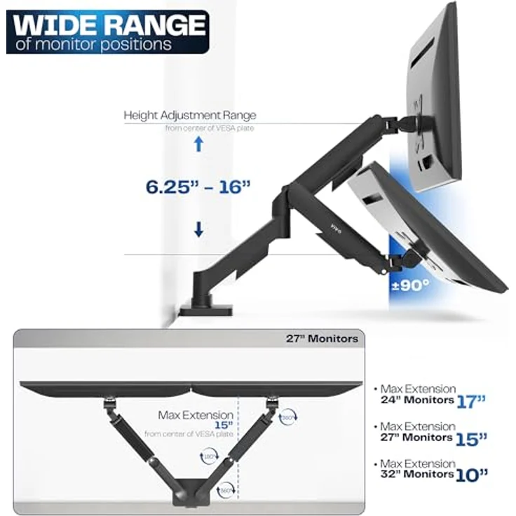 Vivo Doppelarm Tischmonitorhalterung höhenverstellbar, Neigung, Schwenk, Ausgleichsgasfeder Ständer VESA Haltewinkelarm passt die meisten Bildschirme 13'' bis 27'' (Stand-v002o) – Bild 5