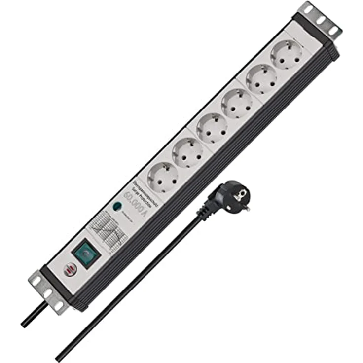 Brennenstuhl Premium-Line Steckdosenleiste 6-Fach mit Überspannungsschutz 60.000 A (Mehrfachsteckdose im 19" Format, 3m Kabel, mit Schalter, Made in Germany) schwarz/grau – Bild 1