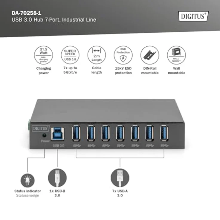 DIGITUS USB-Hub - 7 Ports - USB 3.0-5 Gbit/s - 15 kV ESD-Schutz - Hutschienenmontage - Industrial Serie - Schwarz – Bild 2