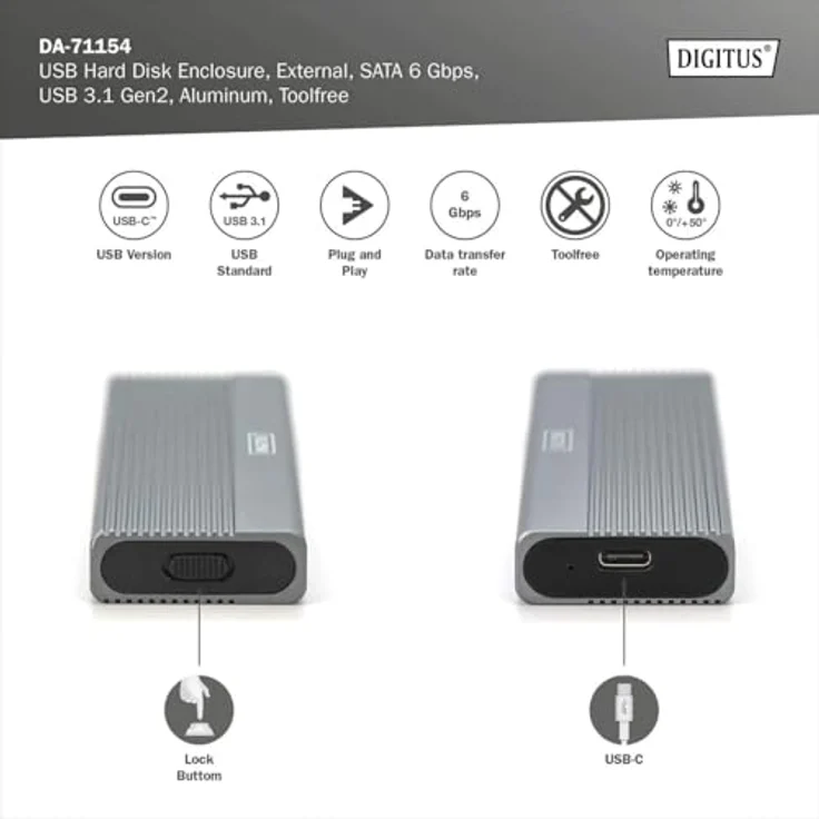 DIGITUS externes M.2-Gehäuse - USB 3.1 Gen2 Typ-C - 6 Gbit/s - Unterstützt SATA-SSDs bis 8 TB - Werkzeuglos - Aluminiumgehäuse - Grau – Bild 2