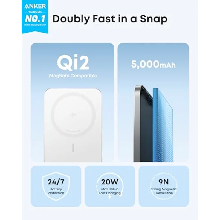 Anker MagGo Power Bank 5K Slim, 5000 mAh, 15 W, kompakte Powerbank, Weiß – Bild 3