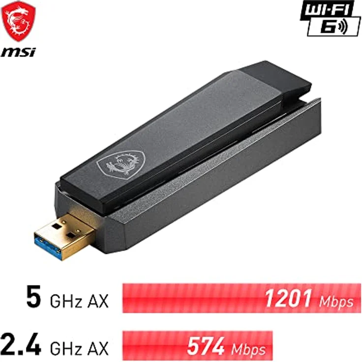 MSI AX1800 WiFi 6 Dual-Band USB Adapter - WLAN bis zu 1800 Mbit/s (5GHz, 2.4GHz Wireless), USB 3.2 Gen 1 Typ-A, MU-MIMO, einstellbare Antenne, Beamforming, WPA3 - Kabelgebundene Halterung inbegriffen – Bild 2