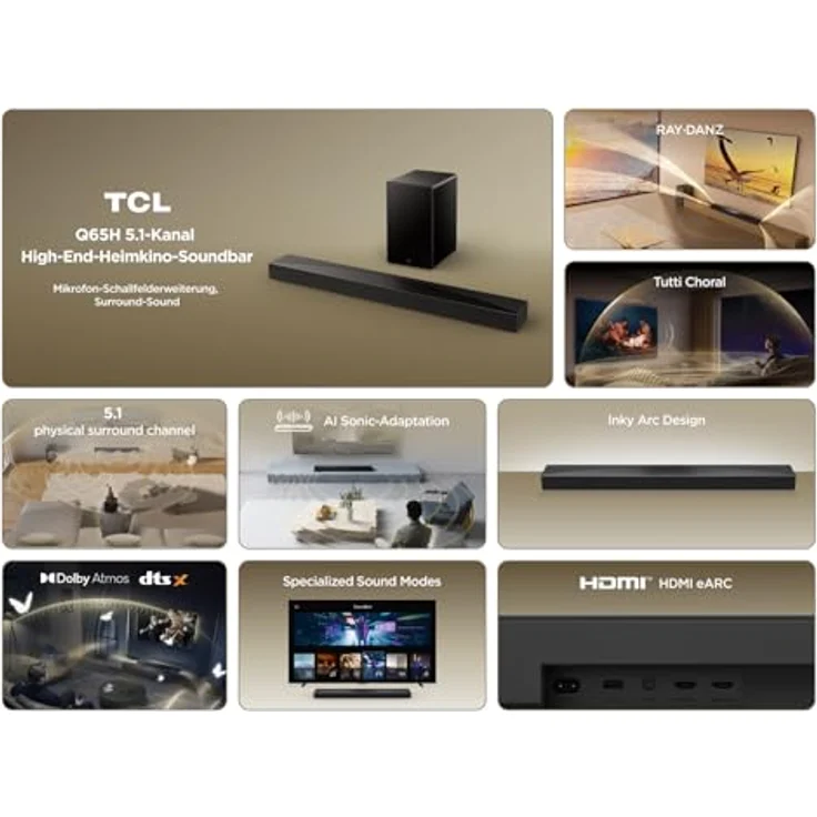 TCL Q65H 5.1 Soundbar mit Dolby Atmos, Ray-Danz Technologie, 580W, drahtloser Subwoofer, HDMI eARC 2.1, Bluetooth 5.3, wandmontierbar – Bild 4