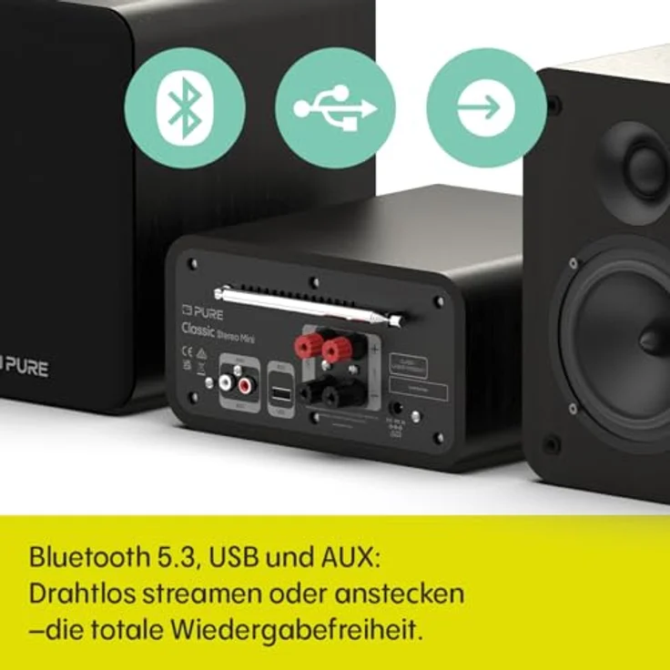Pure Classic Stereo Mini Mikro HiFi Anlage, CD-Player, DAB+ Radio, Bluetooth 5.3, USB, AUX, Kopfhöreranschluss, 40 W Stereo, Holzoptik – Schwarz – Bild 3