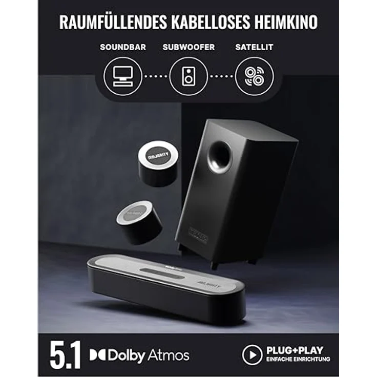 MAJORITY Bowfell Halo Atmos Soundbar, 300W 5.1 Dolby Atmos Surround Sound System mit kabellosem Subwoofer, HDMI eARC und Bluetooth 5.3, kompakte Wandmontage Lösung – Bild 5