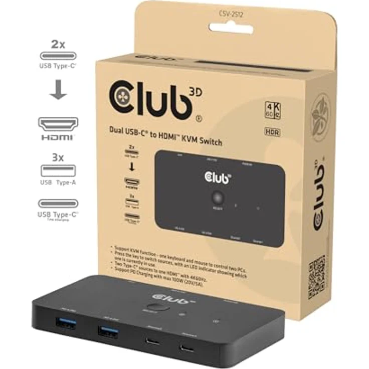 Club 3D KVM Switch 4K60Hz, 2x USB-C zu HDMI, 3x USB, 100W PD, Schwarz – Bild 3