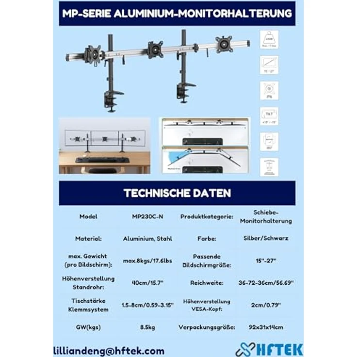 HFTEK 3-Fach Monitorarm - Tischhalterung für 3 Bildschirme von 15 27 Zoll mit VESA 75 / 100 (MP230C-N) – Bild 4