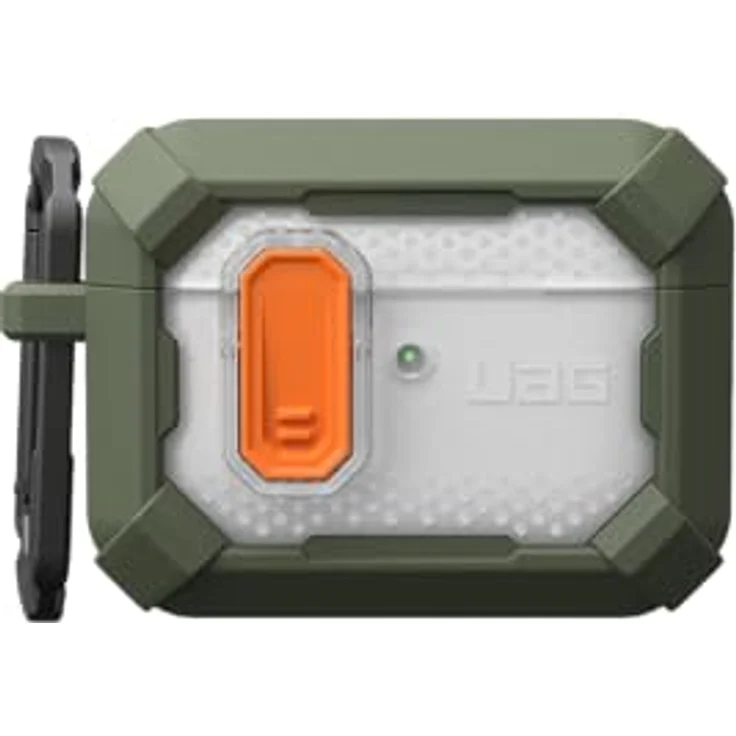 URBAN ARMOR GEAR Plasma Case für Apple AirPods Pro 3 (2025), Wireless-Charging kompatibel, sichtbar LED-Status, abnehmbarer Karabinerhaken, olive/transparent – Bild 5