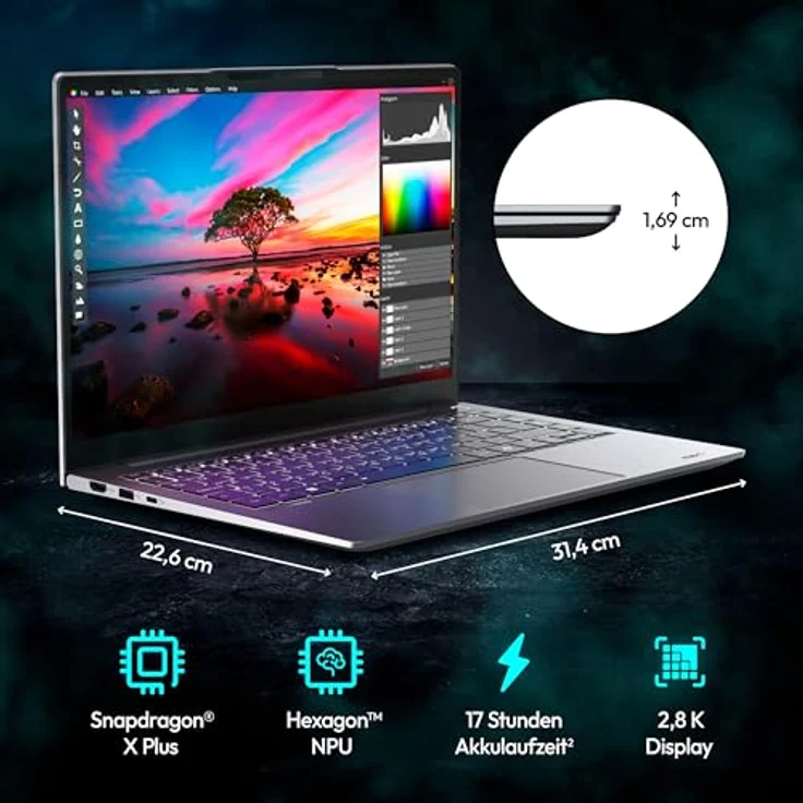 MEDION SPRCHRGD 14 S1 35,56 cm (14" Zoll 120Hz 2.8K WQXGA+) Laptop (Qualcomm Snapdragon X Plus, 16GB RAM, 512GB SSD, Win 11 Home, Schwarz) – Bild 5