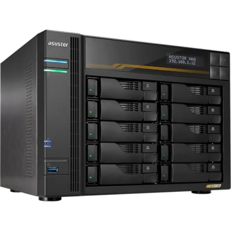 Asustor Lockerstor 10 Gen3 AS6810T 10 Bay NAS Netzwerkspeicher, AMD Ryzen Quad-Core 2.3 GHz, 16GB RAM ECC DDR5, 4 M.2 NVMe Slots, Dual 5GbE & Dual 10GbE Port, USB4 Type-C, Network Attached Storage