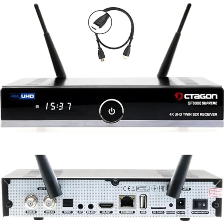 Octagon SF8008 UHD 4K Supreme Twin Sat Receiver + 500GB Festplatte INTERN, 2X DVB-S2X Tuner, E2 Linux & Define OS, mit Aufnahmefunktion, M.2 M Key, Gigabit LAN, Kartenleser, Sat to IP, WiFi WLAN - Octagon Sat-Receiver mit Twin Tuner und 500GB Festplatte, Multistream Support, Dual-Band-WiFi, Bluetooth 5.1, M.2-Schnittstelle. – Bild 1