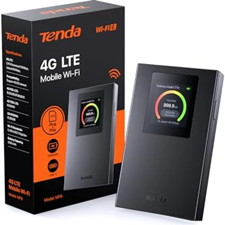 Tenda MF6 Mobiler WLAN Router, Wi-Fi 6 Hotspot mit 2100mAh Akku, LCD-Anzeige, USB-C, kompatibel mit Nano-SIM, Plug & Play