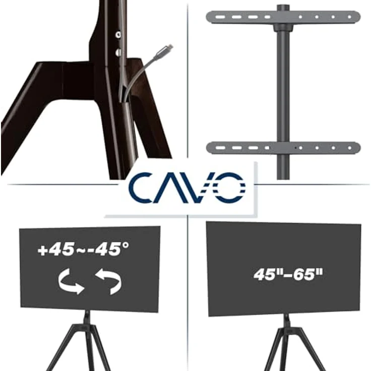 CAVO TV-Staffelei für 45 bis 65 Zoll Bildschirme bis 40 kg, Walnuss schwarz lackiert, Schwenkbar Universal Halterung für Flach & Curved Fernseher & Monitor – Bild 2