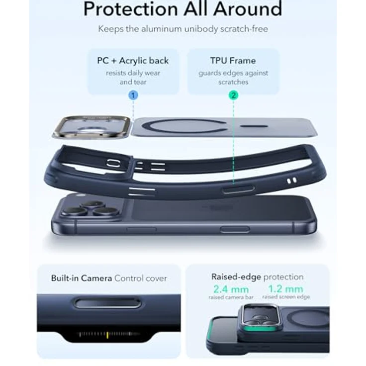 ESR iPhone 17 Pro Hülle, Kamerasteuerung, kompatibel mit MagSafe, Militärnorm Schutzhülle, integrierter versteckter Ständer, kratzfeste Rückseite, Classic Serie, Matt Blau – Bild 3