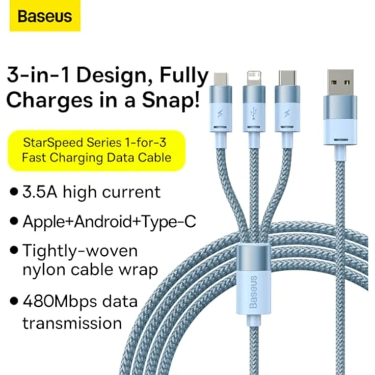 Baseus StarSpeed 3-in-1 Kabel, USB-A / Micro-USB / Lightning / USB-C, 3,5 A, 1,2 m, blau – Bild 6