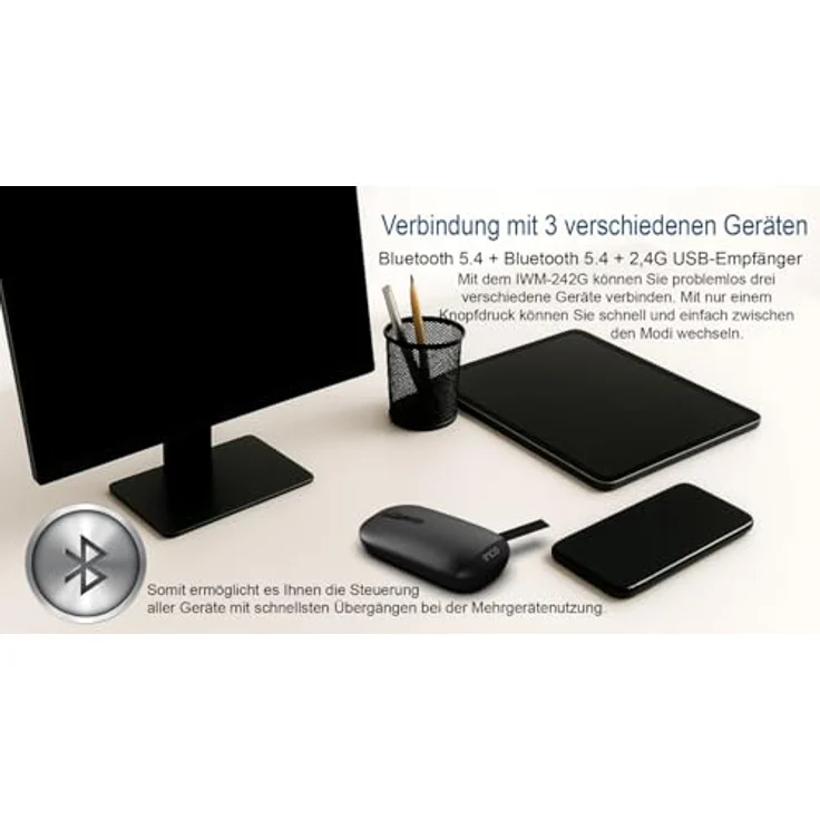 İnca Kabellos Maus IWM-242S, Bluetooth-Funkmaus mit 800/1200/1600 DPI, ergonomisch und leise, wiederaufladbarer Akku, schwarz – Bild 5