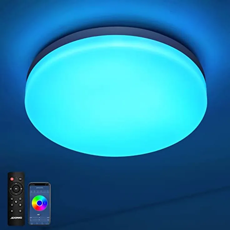 JDONG Bluetooth Deckenleuchte 24W LED mit Lautsprecher, Fernbedienung und APP-Steuerung, RGB Farbwechsel, dimmbar, IP44 Wasserfest,Weißes Rauschen Einstellbar für Schlafzimmer Kinderzimmer Ø26CM