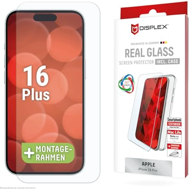 Displex Schutzglas für Apple iPhone 16 Plus, Tempered Glas, kratzer-resistente Schutzfolie, hüllenfreundlich (Real Glass + Handyhülle) – Bild 1
