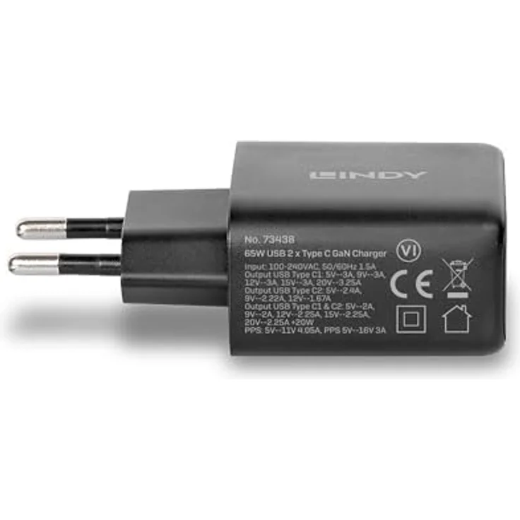 Lindy 65W USB 2 x Type C GaN Charger mit EU-Stecker, kompaktes und leistungsstarkes USB Ladegerät, Schwarz – Bild 3