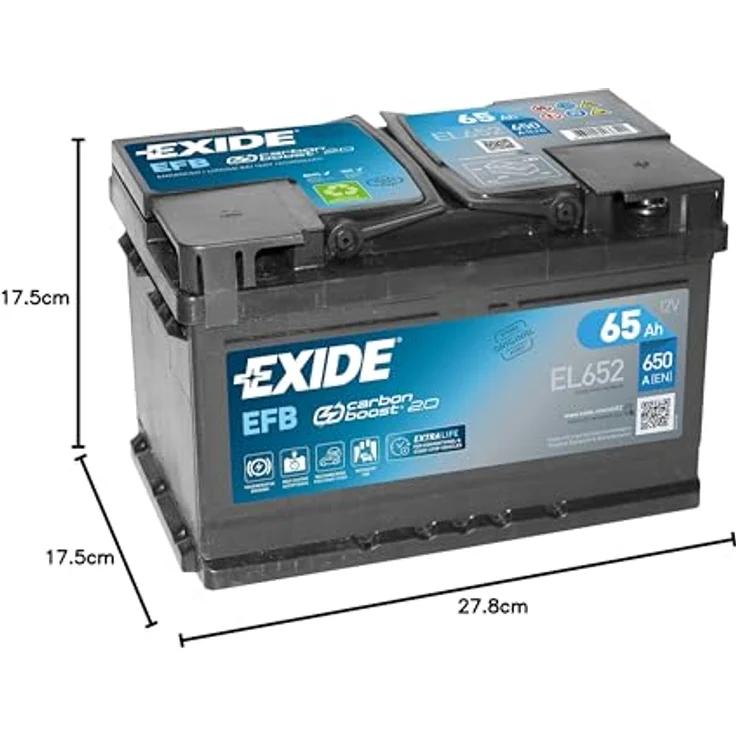 Exide EL652 Start-Stop EFB, 12V 65Ah 650A Autobatterie für Fahrzeuge mit Start-Stopp-Automatik, Maße: 278 x 175 x 175 mm – Bild 3