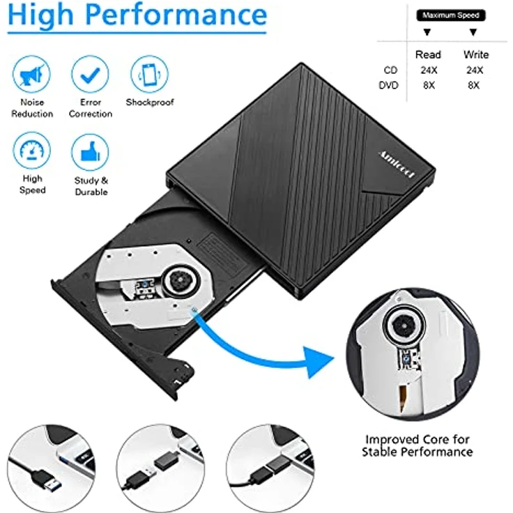 Amicool Externes DVD Laufwerk, USB 3.0 & USB-C, tragbarer DVD Brenner für Laptop, Desktop, MacBook, kompatibel mit Windows 7/8.1/10/11, Linux & Mac OS – Bild 4