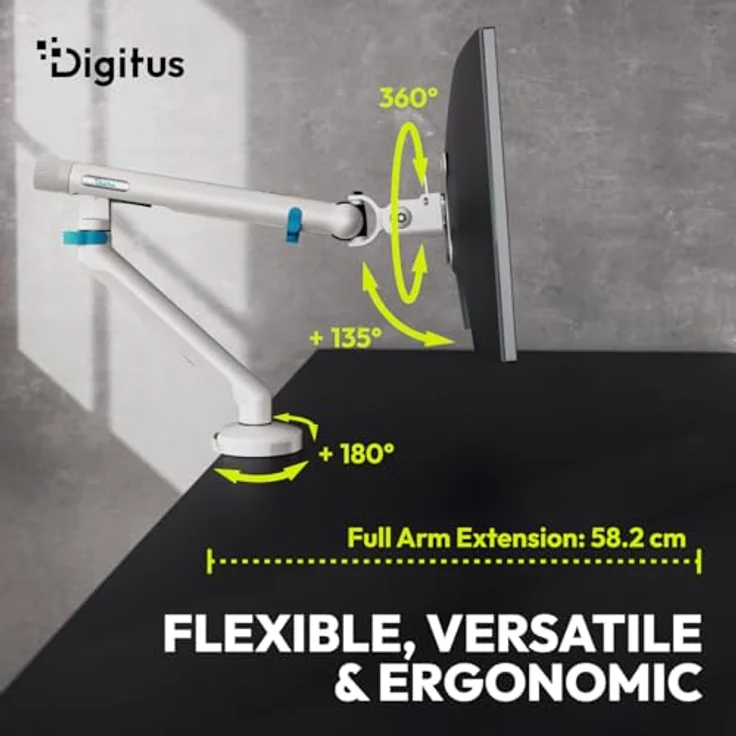 DIGITUS Monitor Halterung – für 1 Monitor bis 35 Zoll – mechanische Feder, 10 kg Traglast, VESA 75x75/100x100, Tischklemme, Design Serie, Weiß – Bild 3