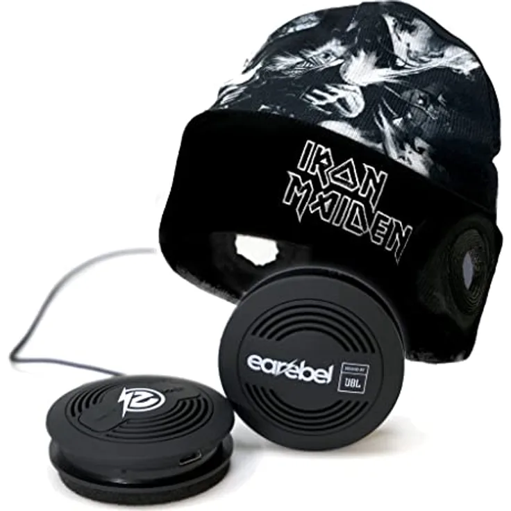 Earebel x Iron Maiden Sound by JBL Bluetooth 5.0 On-Ear Kopfhörer mit Mikrofon - Style Dock Beanie mit Iron Maiden Tailgunner Design, Schwarz