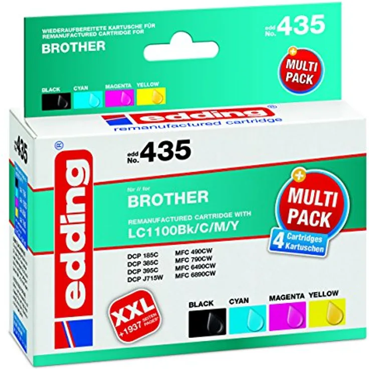 edding Druckerpatrone EDD-435 - Multipack 4 - Schwarz, Cyan, Magenta, Gelb - 1x 17 ml + 3x 9 ml - Reichweite 1x 735 3x 855 Seiten - Ersetzt Brother LC1100BK/C/M/Y