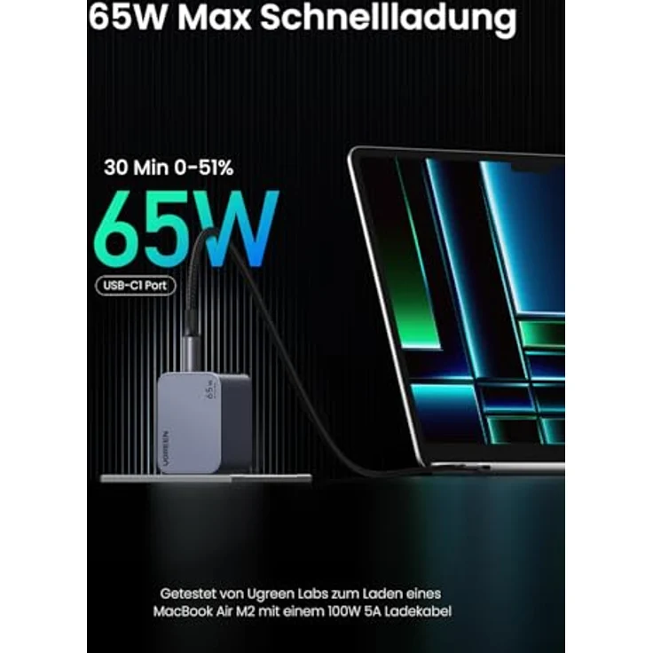 UGREEN Nexode Pro USB C Ladegerät 65W GaN Charger Mini USB C Netzteil 3-Port Schnellladegerät PPS 45W - Kompatibel mit MacBook Pro/Air, iPad, iPhone 16 Pro Max, 15 Pro, Galaxy S24 Ultra, Dell XPS – Bild 2