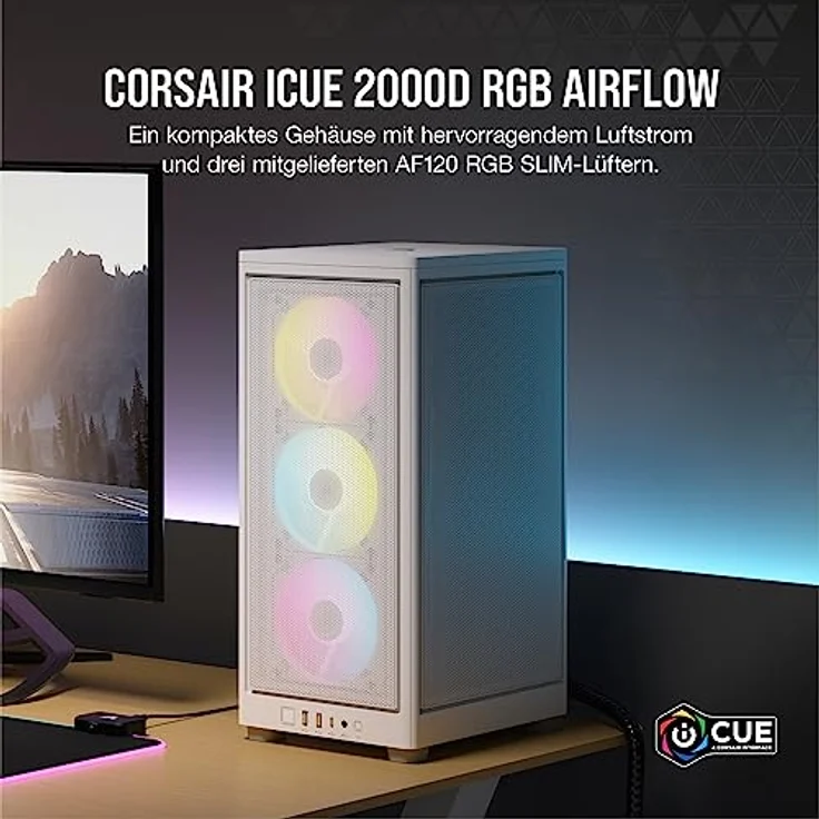 Corsair iCUE 2000D RGB Airflow PC-Gehäuse Mini ITX – Form Mini-ITX – Platten aus Stahl – 3 x Slim AF120 RGB inklusive – iCUE Lighting Node Core Controller – Weiß – Bild 2