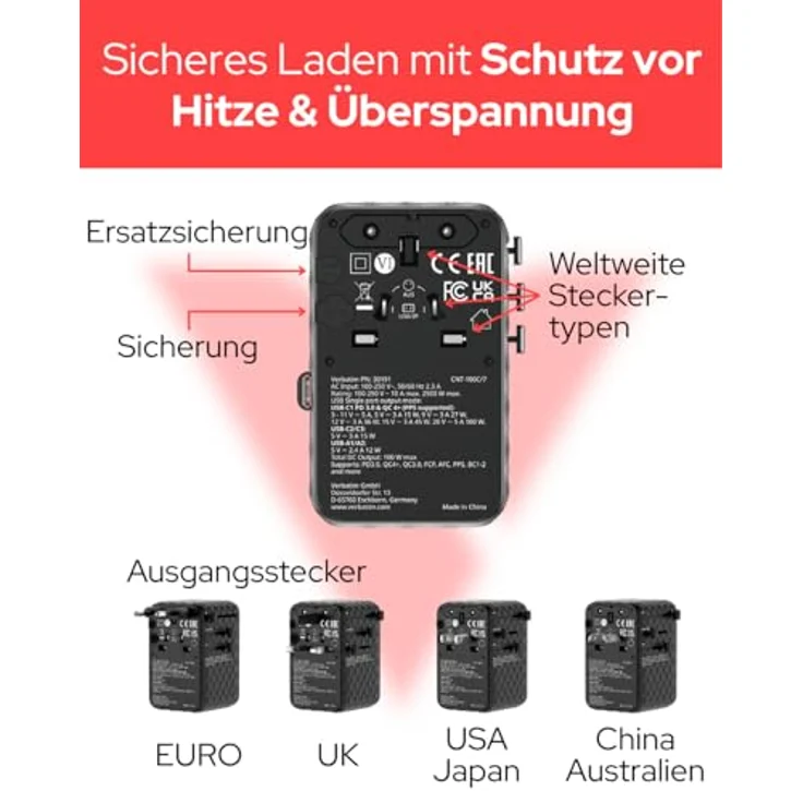 Verbatim Charge ’n’ Travel 100W Reiseadapter mit einziehbarem USB-C-Kabel, 7-in-1-Anschlüssen, kompakt und sicher, schwarz – Bild 5