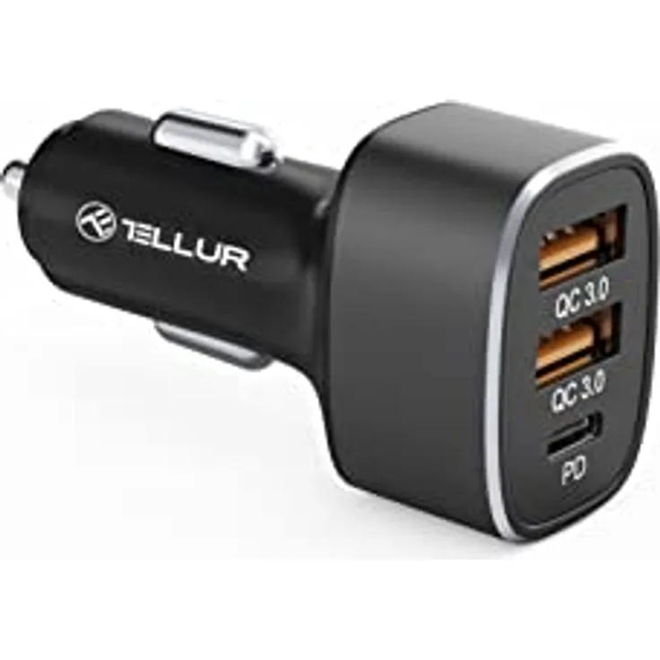 TELLUR FCC9 PD-Power Delivery Type C Max 20W 2X USB QC3.0 Max 18W LED Beleuchtet Aluminium schwarz, Handy-Ladegerät für schnelles Laden von drei Geräten