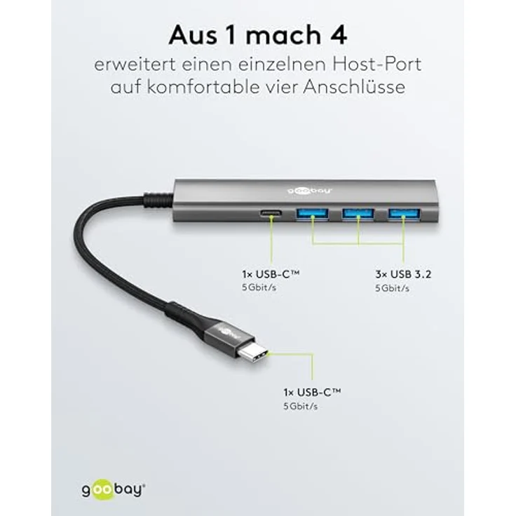 goobay USB-C Hub 4-Port, Multiport Adapter mit 3x USB-A und 1x USB-C, Aluminium-Design, USB 3.2 SuperSpeed 5 Gbit/s, ideal für MacBook, Laptop, Tablet - 76562 – Bild 3