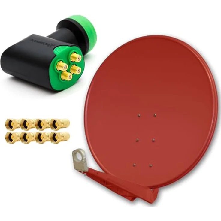 PremiumX DELUXE SAT Anlage für 4 Empfänger, 100cm Satellitenantenne ALU Ziegelrot, Green Diamond Quad LNB, inkl. 8x F-Stecker – Bild 1