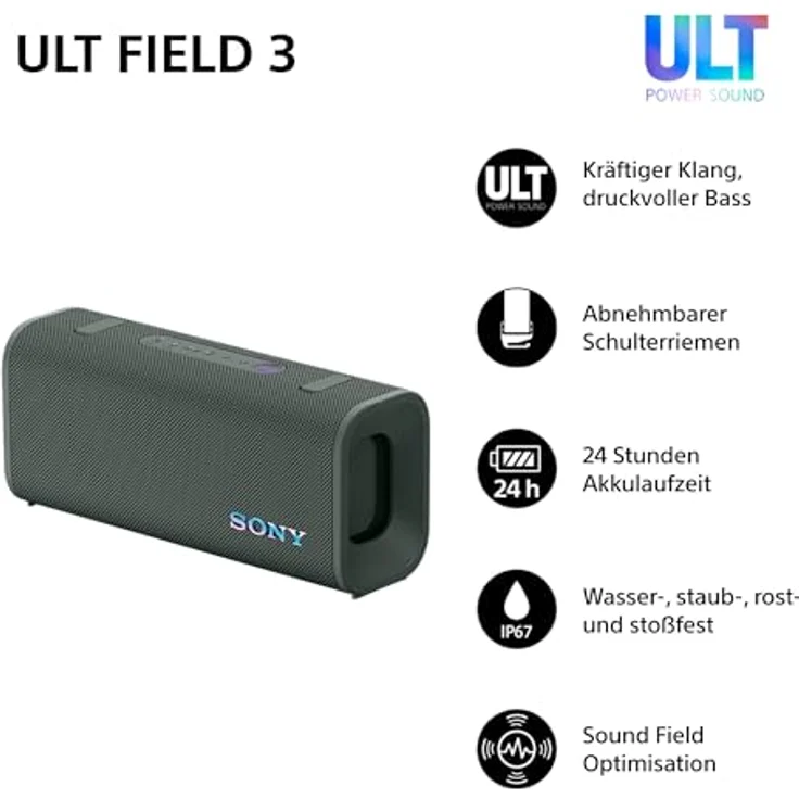 Sony ULT Field 3, Tragbarer Bluetooth-Lautsprecher mit ULT Power Sound, 24-Stunden-Akku, IP67 wasserdicht, staubdicht, stoßfest, abnehmbarer Schulterriemen - Forest-Grey – Bild 2