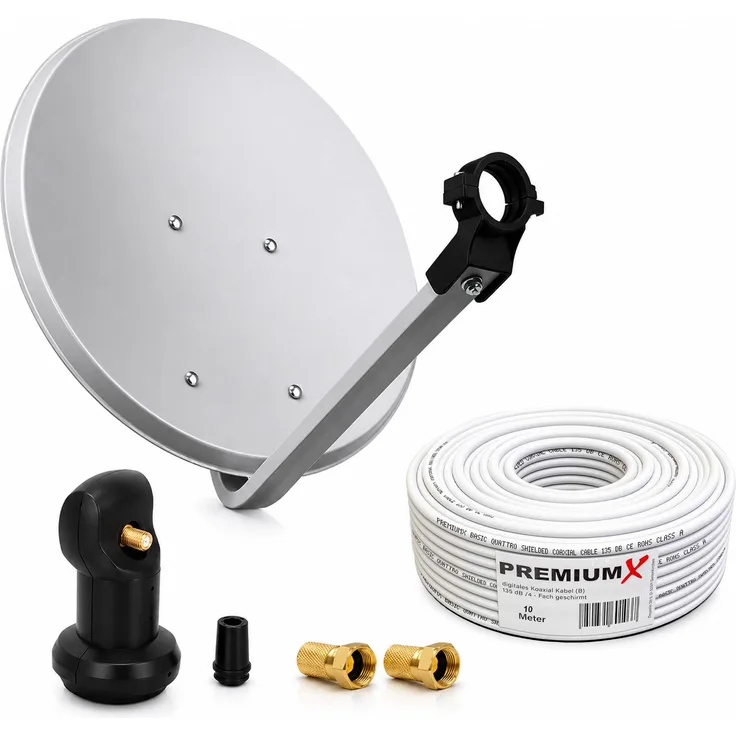 PremiumX Camping Sat Anlage 45cm Stahl Antenne in Hellgrau mit Single LNB, 33,5 dB Gewinn und 10m Koaxialkabel
