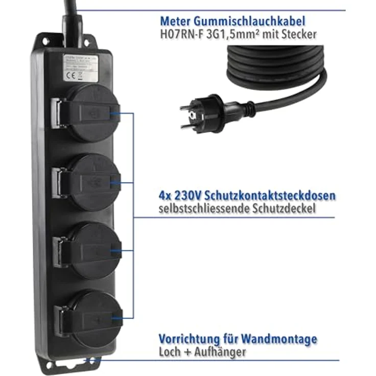 ChiliTec 4-Fach Steckdosenleiste Aussensteckdose mit 10m Kabel, IP44, 4 Schutzkontaktsteckdosen, Klappdeckel, Schwarz, 230V, 16A – Bild 3