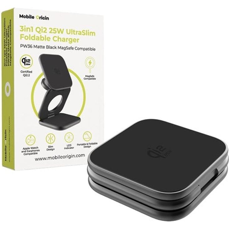 Mobile Origin PW36 3in1 Qi2 25W UltraSlim Foldable Charger, MagSafe-kompatibel, matte schwarze Ausführung