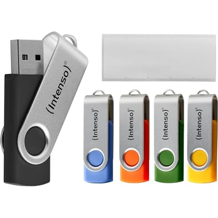 Intenso Basic Line 5X 16 GB USB-Sticks, USB 2.0, 5er Pack mit Beschriftungsetiketten in Gelb, Grün, Schwarz, Blau & Orange, silberner Metallbügel – Bild 1