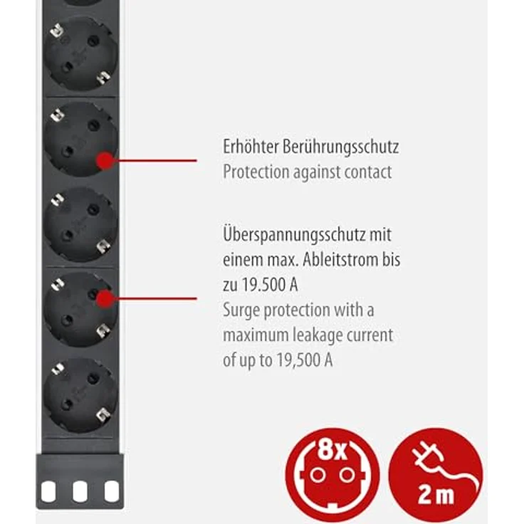 Brennenstuhl Alu-Line Steckdosenleiste 8-fach mit Überspannungsschutz (Steckerleiste in 19 Zoll Format und mit 2m Kabel) silber-schwarz – Bild 3