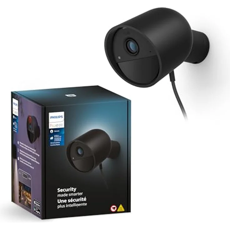 Philips Hue Secure kabelgebundene Smart Home Überwachungskamera, Full HD Video, für drinnen oder draußen, Smart Home Security und Lichtsteuerung mit nur Einer App, schwarz – Bild 1