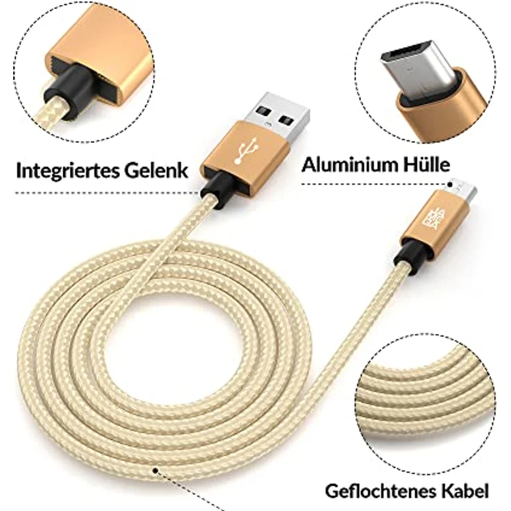 JAMEGA - 3m Premium Micro USB Kabel | Nylon geflochtenes USB Ladekabel Datenkabel für Micro USB Geräte - Gold – Bild 4
