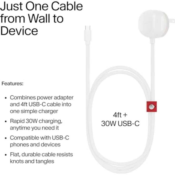 TwelveSouth PowerCord Ladegerät mit 1.2m USB-C Kabel, 30 W PD 3.0, flaches, strapazierfähiges Kabel – Bild 2