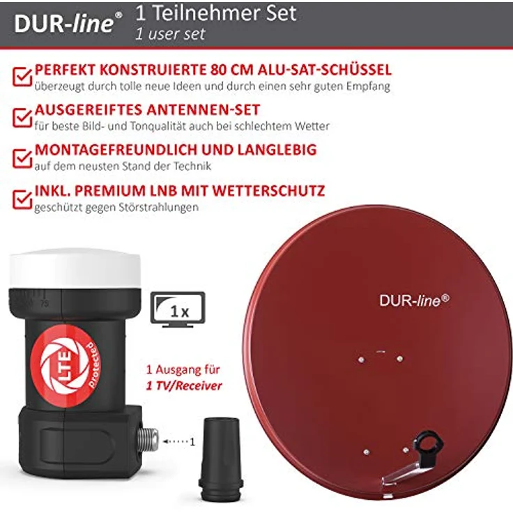 DUR-line MDA 80 Satellitenschüssel rot + Single LNB – Bild 3